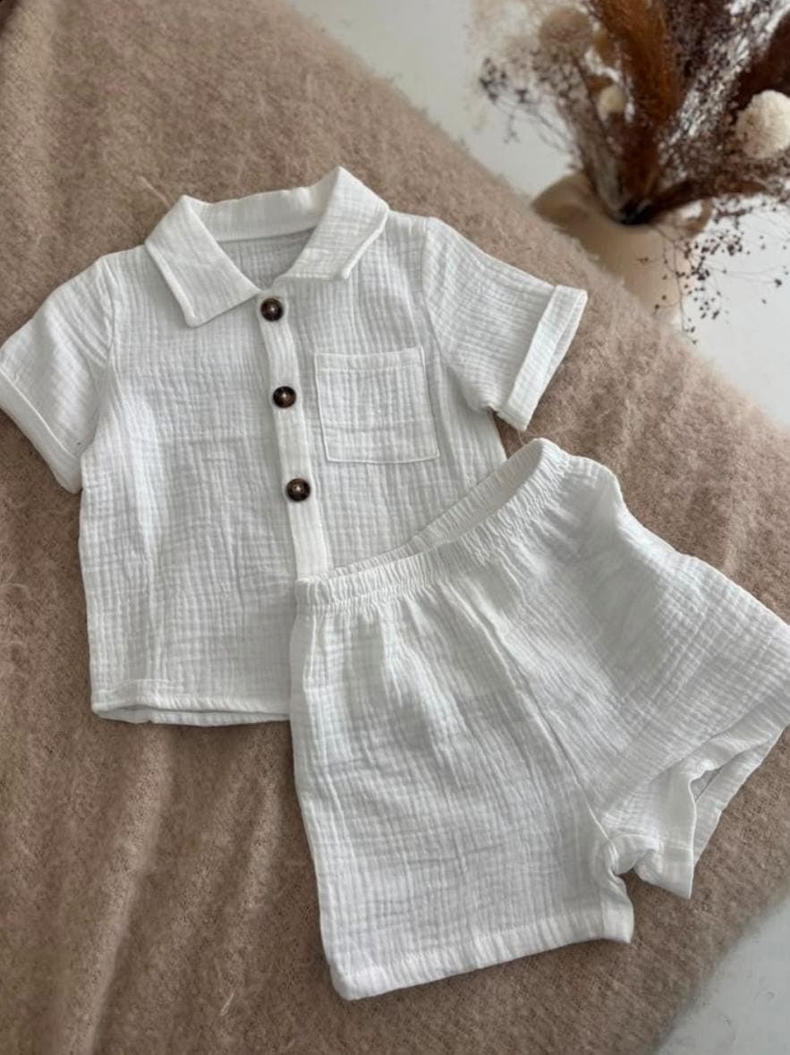 White button-down with shorts